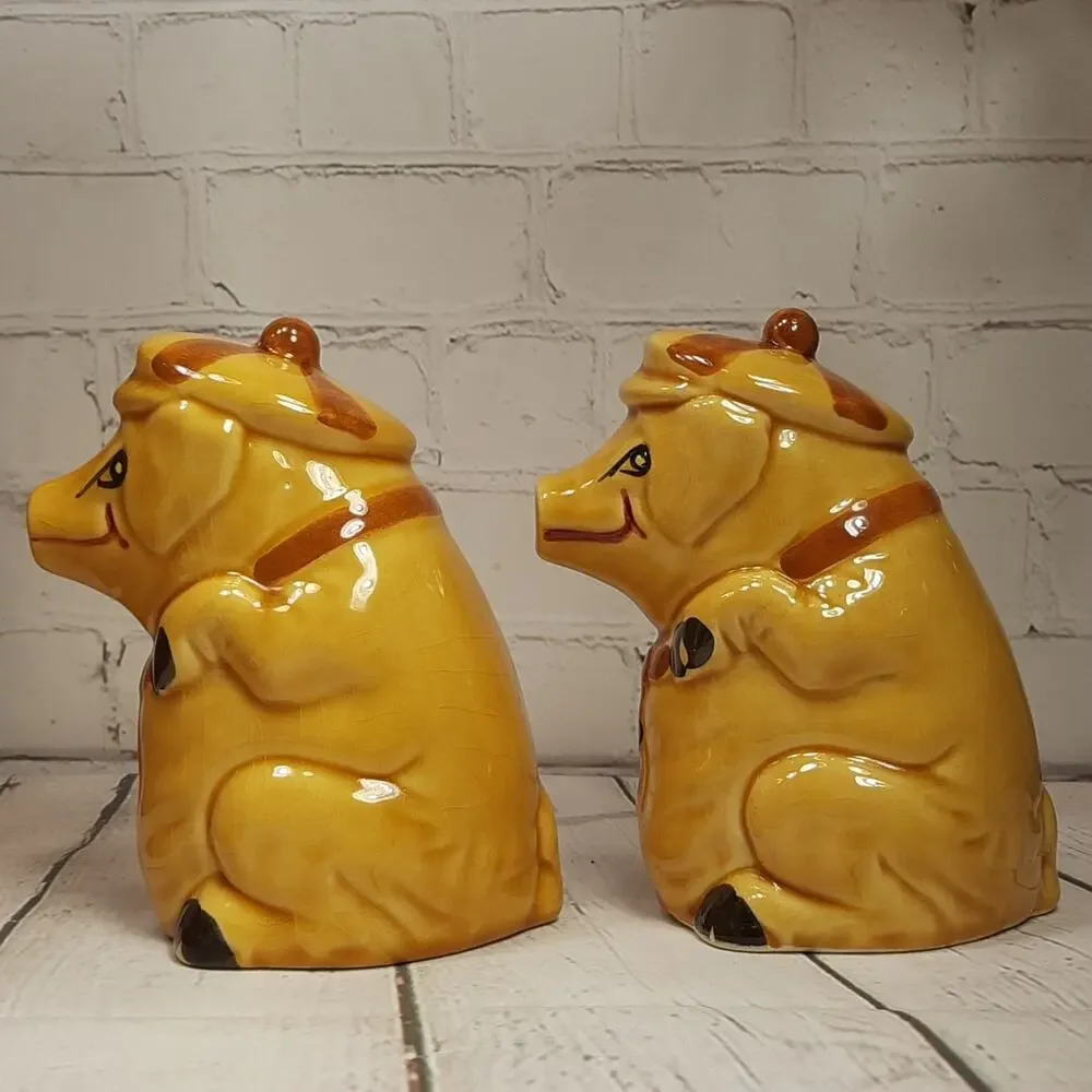 Vintage‎ Ceramic Big Pigs Salt & Pepper Shaker Set Yellow & Brown Pig Decor